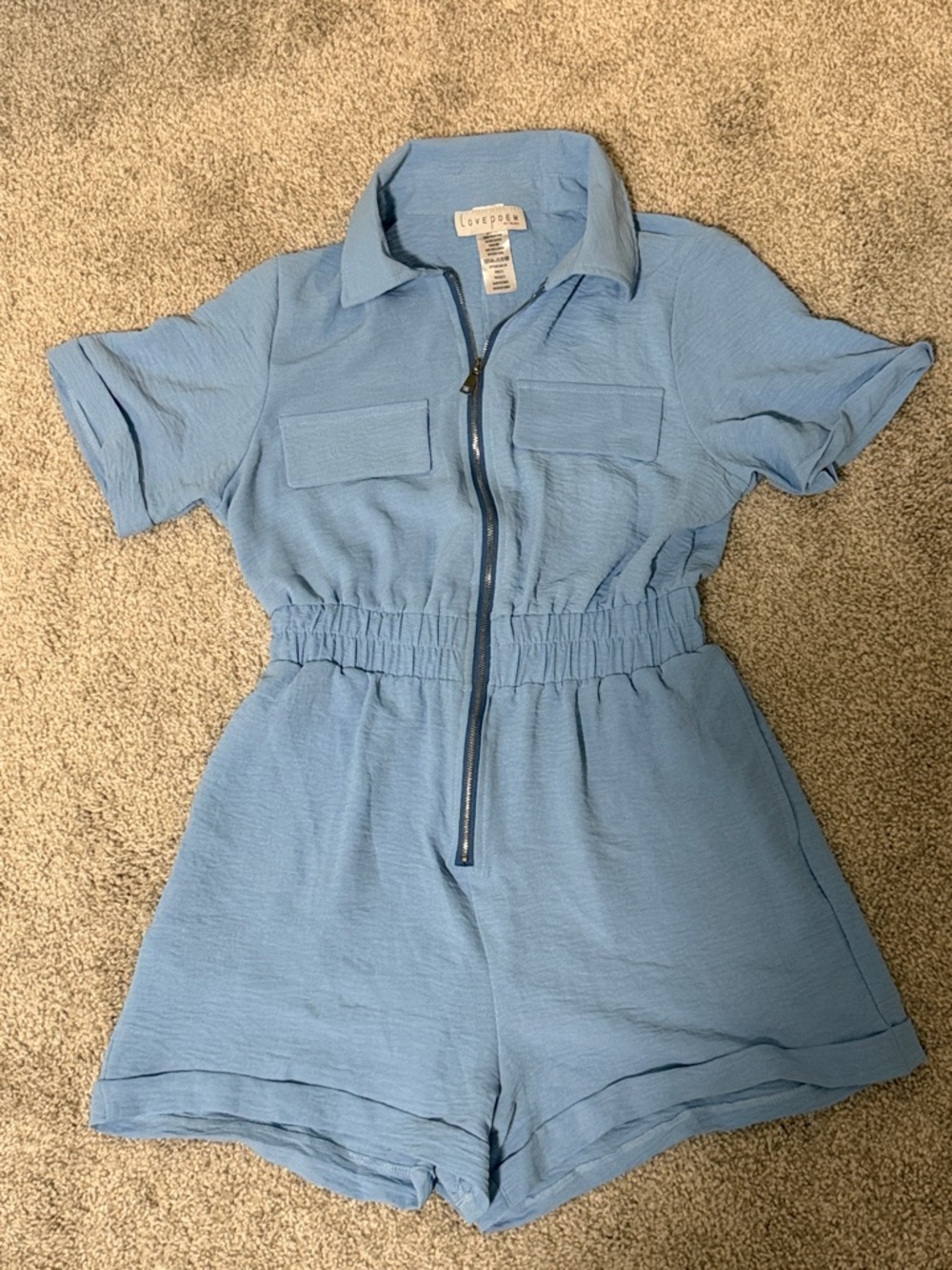 Lovepoem Light Blue Zip-Front Romper S with cinched waist